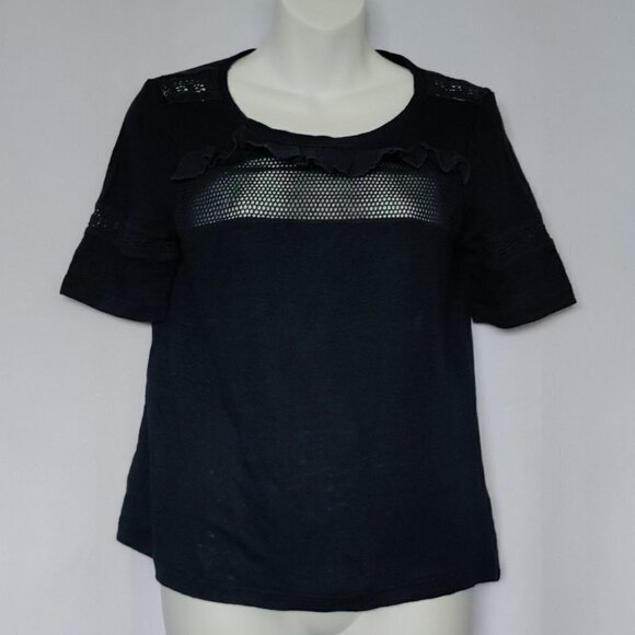 Rebecca Taylor Tee Top Women Medium Linen Lace Crochet Navy - Picture 1 of 4